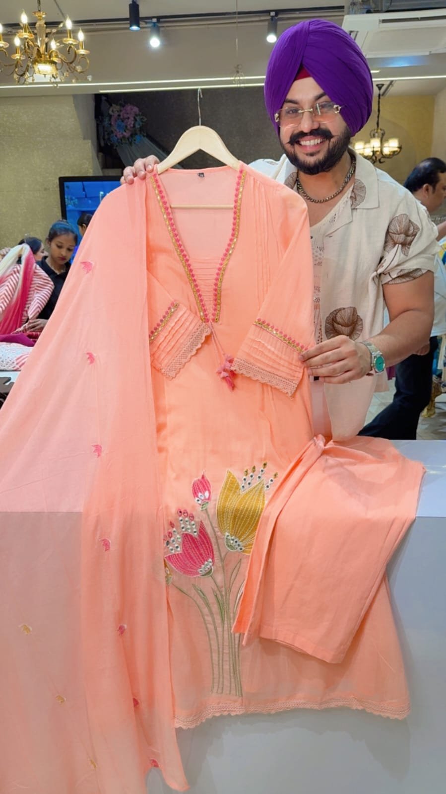 Peach Floral Embroidered Suit Set