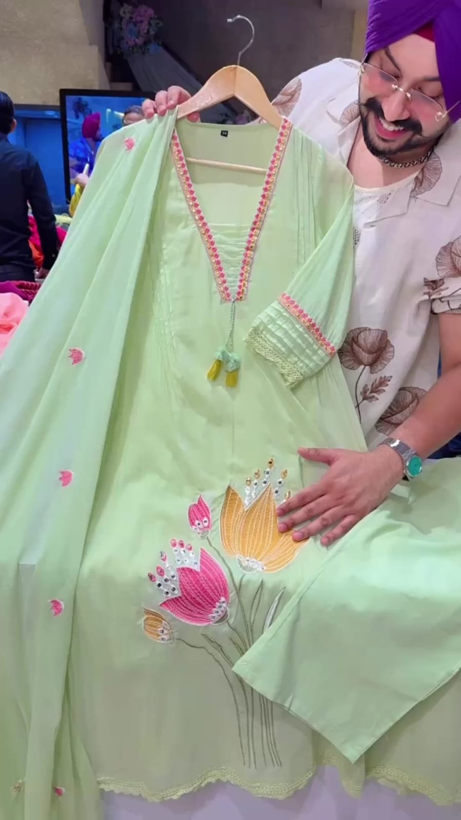 Pastel Green Floral Embroidered Suit