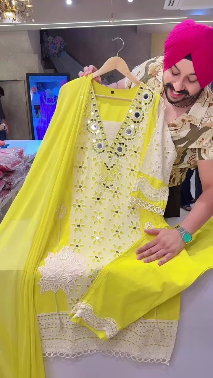 Lemon Yellow Mirror Work Suit