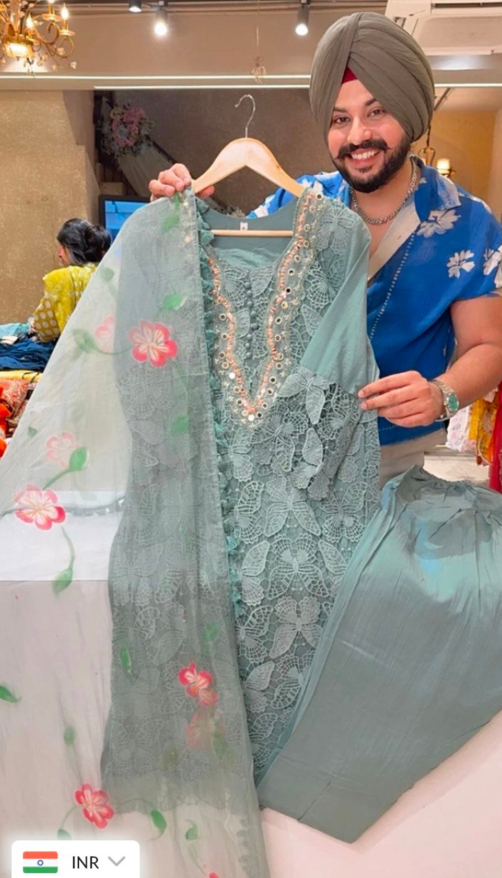 Sea Green Hand embroidered Butterfly Crochet Farshi Salwar Straight suit with Hand painted Organza Duppata