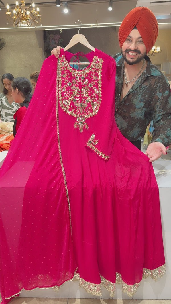 Hot Pink Chinon Heavy Hand & Stone Work Full Flair Anarkali Gown With Beautiful Duppata