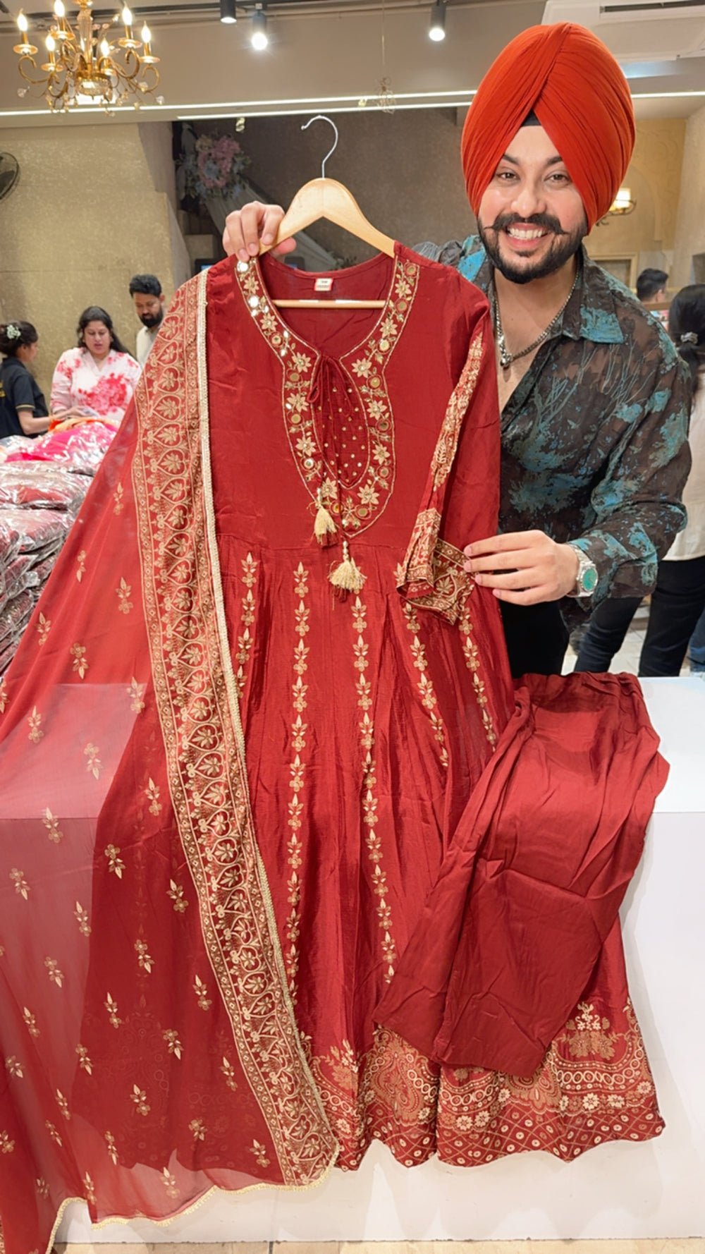 Maroon Chinon Block Printed Partywear Anarkali suit with Hand Embroidery Work on Designer Neck