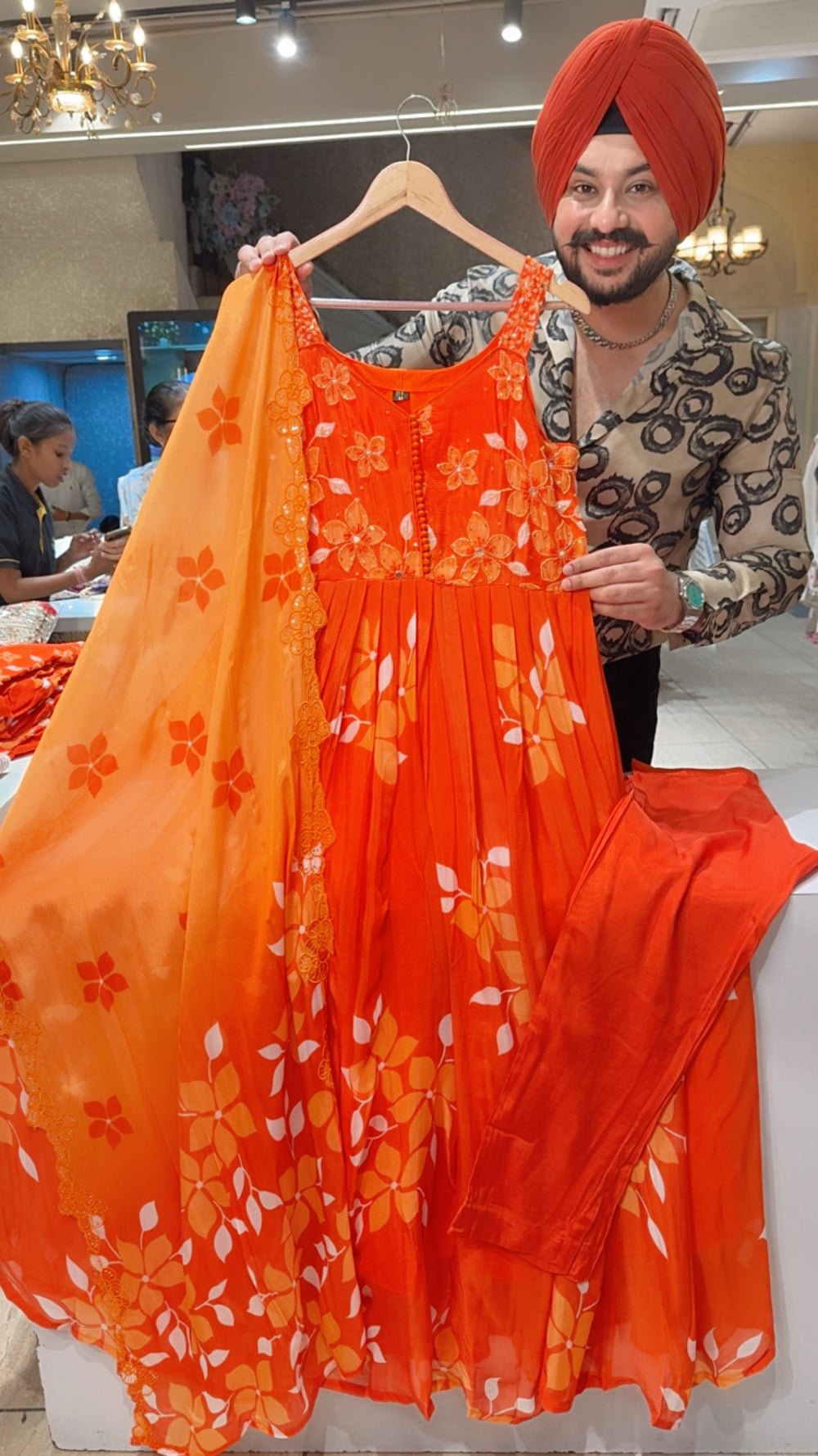 Orange Premium Chinon Hand Embroidered Cutsleeves Party Wear Anarkali suit with Beautiful Sequins Work Duppata